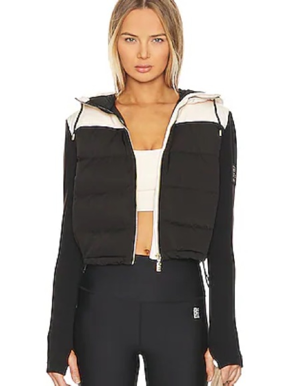 P.E Nation Black Cropped Puffer Jacket with Cream Trim
